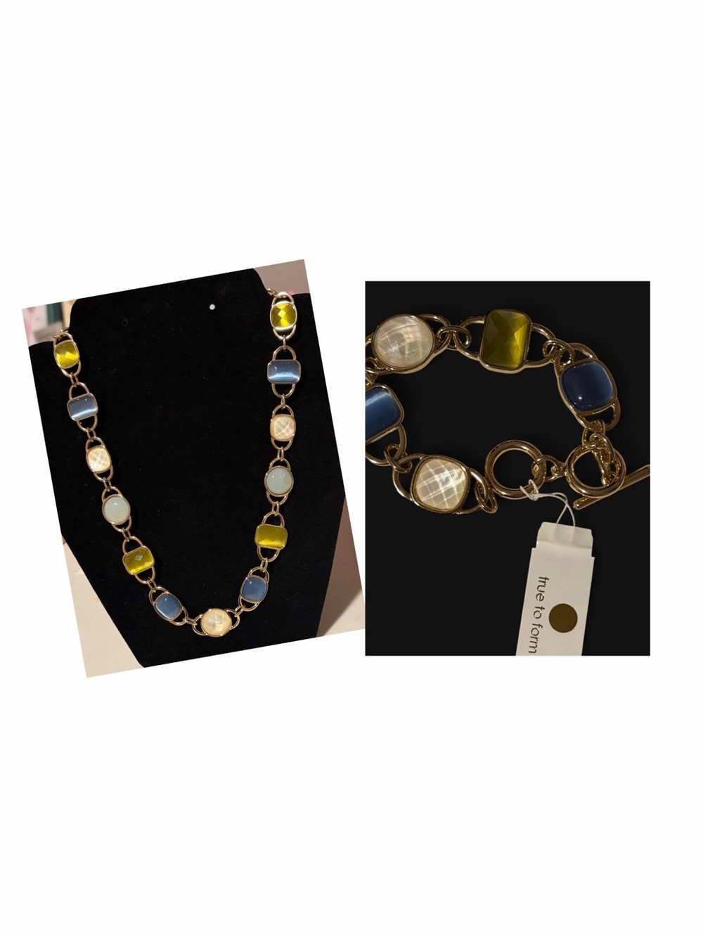 True to Form Gold Necklace and Matching Bracelet in Blue, Green and Cream Gems